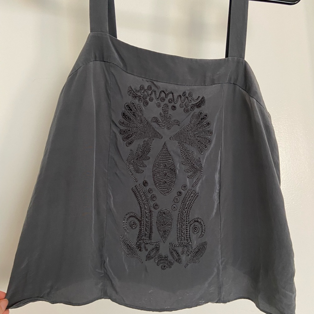 Vintage Silky Gray Tank w/ Floral Embroidery